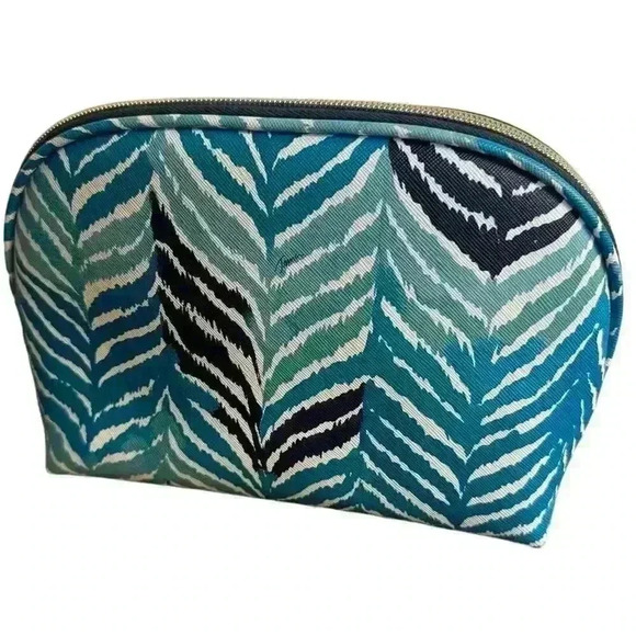 TRINA TURK COLORFUL COSMETIC BAG FEATHER PRINT BLUE / PINK INTERIOR - Picture 4 of 6